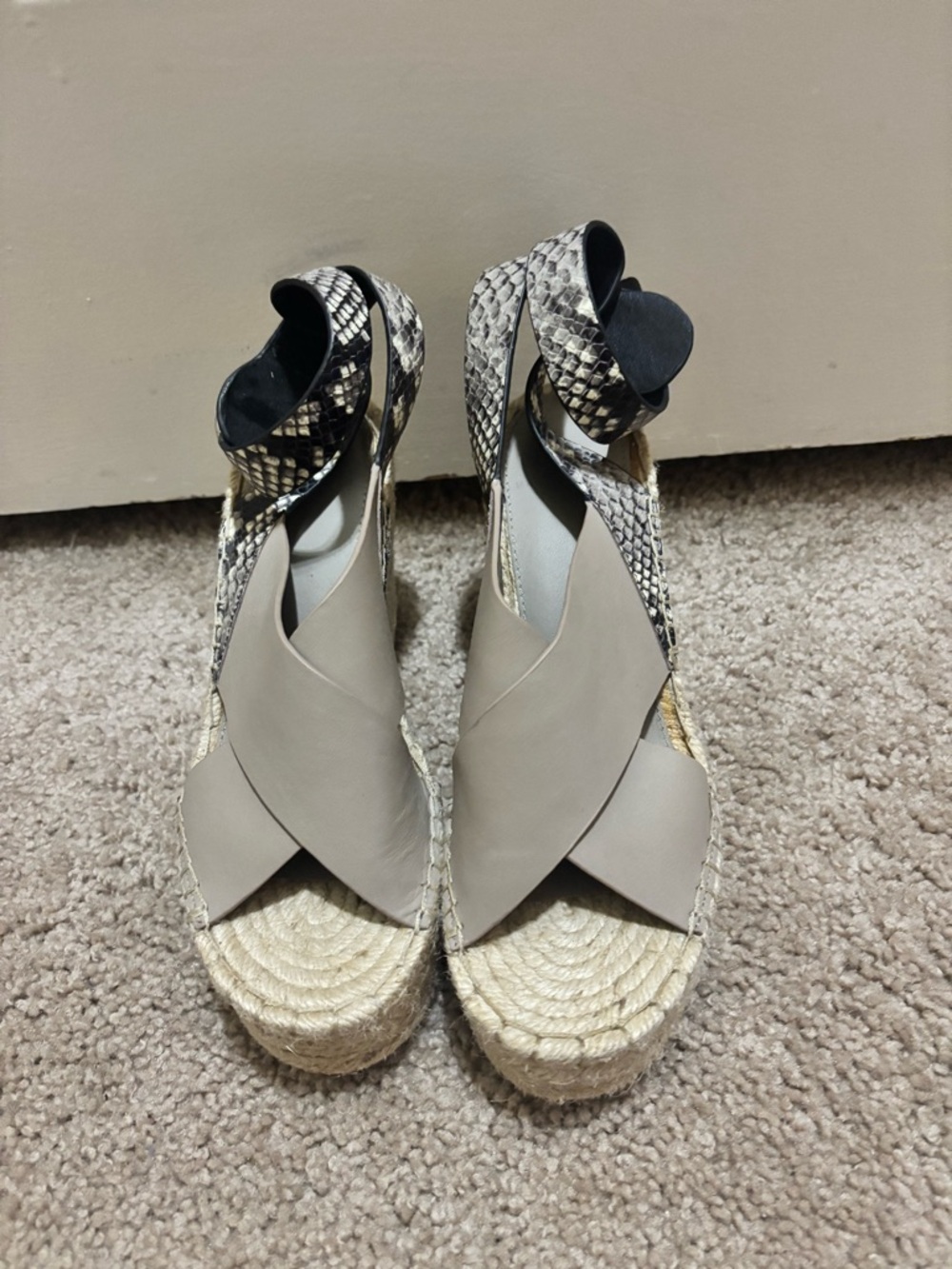 Marc Fisher Taupe Crossover Wedge Sandals with Snake-Print Ankle Wrap